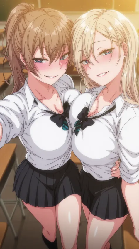 2 girls, kurashiki reigns, long hair, asymmetrical hair, large breasts, blue eyes, blonde hair, smile, narrowed eyes, parted lips, looking at viewer, naughty face, chisa, alone, chisa_IlXL,Brown Hair, slight smile, contrast, looking at viewer, seductive sm...