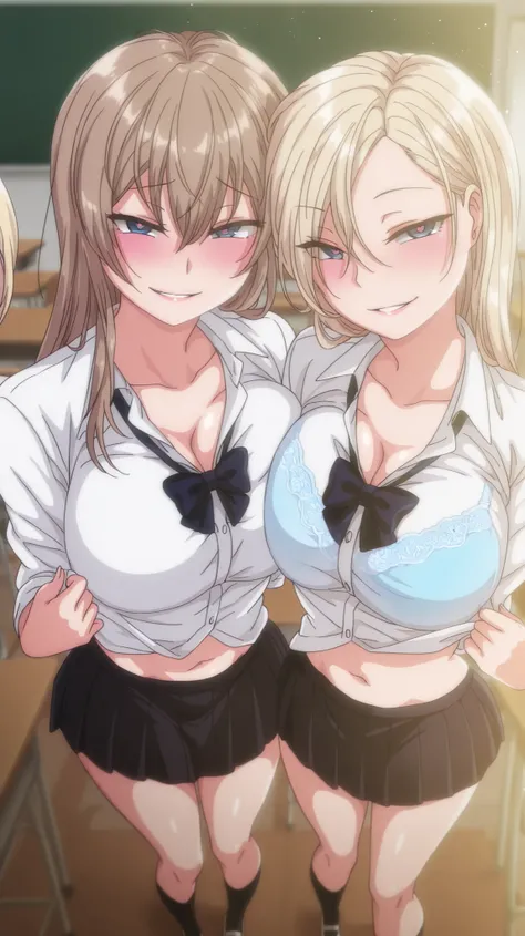 2 girls, kurashiki reigns, long hair, asymmetrical hair, large breasts, blue eyes, blonde hair, smile, narrowed eyes, parted lips, looking at viewer, naughty face, chisa, alone, chisa_IlXL,Brown Hair, slight smile, contrast, looking at viewer, seductive sm...