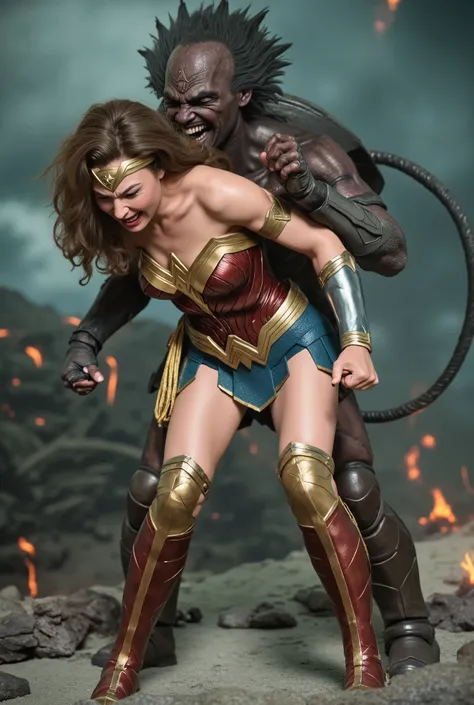 Gal Gadot as Wonder woman, she is bend over, (upskirt), she's crying, she's screaming in pain, a strong devil is doing sexual intercourse from behind, fierce devil push his penis into her skirt and fucking harder and harder, volcano scene,