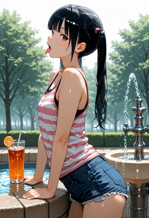 d_Giroo  , 1 girl ,, tank top , hotpants , twin tails , black_hair , flin_chest , pink_ striped _太ももまin丈の靴下 ,  drink _FOUNTAIN , adjusted_hair , from_side , Profile , A quick glance_in_viewer , tongue_outside , leaning on_go ahead