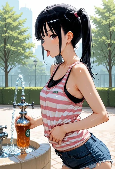 d_Giroo  , 1 girl ,, tank top , hotpants , twin tails , black_hair , flin_chest , pink_ striped _太ももまin丈の靴下 ,  drink _FOUNTAIN , adjusted_hair , from_side , Profile , A quick glance_in_viewer , tongue_outside , leaning on_go ahead