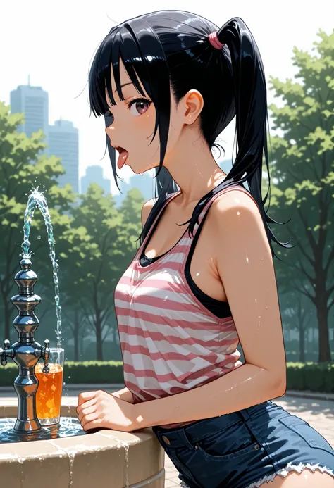 d_Giroo  , 1 girl ,, tank top , hotpants , twin tails , black_hair , flin_chest , pink_ striped _太ももまin丈の靴下 ,  drink _FOUNTAIN , adjusted_hair , from_side , Profile , A quick glance_in_viewer , tongue_outside , leaning on_go ahead