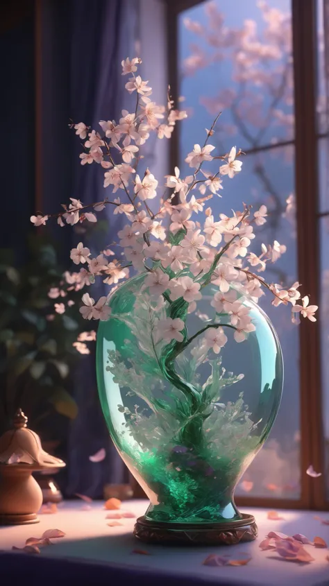 Green and white porcelain, sakura petal in a very long and thin vase, soul, fairy-tale, soul, crystal clear, blue transparent soul, colorful, light purple, orange, cinematic lighting, 8k, Designed by Bage
