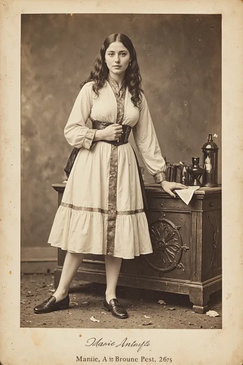 antqgldnCE style, nsfw,
ad for a full body photo of young prostitute Marie Antoinette,
This photo was taken in a lower class brothel,
19th century photography,  antique picture , sepia photo, natural smile, Her Name, her price, photo date,