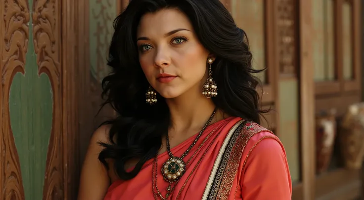 A beautiful and athletic woman dressed in sexy Indian clothes