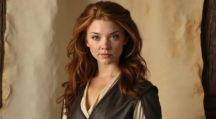 friendly medieval Cleric, beautiful woman with an age of 40 years, she has auburn wavy long hair, blue eyes, she has a very kind and welcoming smile. she is wearing a medieval linnen shirt and worn leather pants and a worn leather bodice.. she has french h...