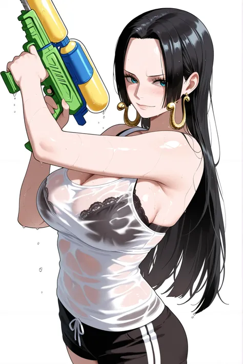 masterpiece, best quality, amazing quality, 1girl, (Boa Hancock, One Piece, Chainsaw man, blue eyes, black hair), wearing white tank top, wearing black bra, shy Face, close up shot, simple background, medium size , golden ratio face, sexy pose, Pinkish ski...