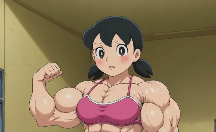 (muscular fbb woman, detailed face, beautiful detailed eyes, beautiful detailed lips, extremely detailed face, long eyelashes, strong physique, (Angry), two short pigtails, source_anime, rating_safe BREAK 1girl, solo, black hair, ((((( light skin tone ))))...