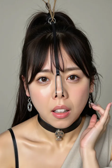 A high resolution photograph of a Japanese adult woman, masterpiece, photo-realistic, natural lighting, film grain, portrait, fashion shoot, solo, 1girl, off-shoulder dress, long ponytail black hair with blunt bangs, hair scrunchie, detailed face, detailed...