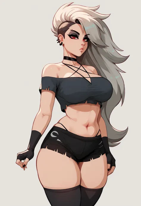 1girl, solo, simple background, cowboy shot, facing viewer, big breasts, thick thighs, HD, 8k, highres, antialiasing, detailed, texture, BREAK LoonaSDXL , long hair , looking at viewer , shirt , red eyes , thighhighs , gloves , navel , bare shoulders , je...