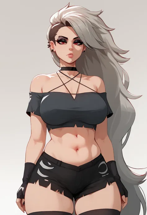 1girl, solo, simple background, cowboy shot, facing viewer, big breasts, thick thighs, HD, 8k, highres, antialiasing, detailed, texture, BREAK LoonaSDXL , long hair , looking at viewer , shirt , red eyes , thighhighs , gloves , navel , bare shoulders , je...