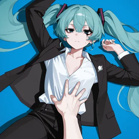logo musical album by Hatsune Miku with black formal shirt, black jeans, with serious injuries , with a sad and serious expression with dark circles under the eyes, different perspective from above, lying on the floor and extending my hand, blue backgroun...