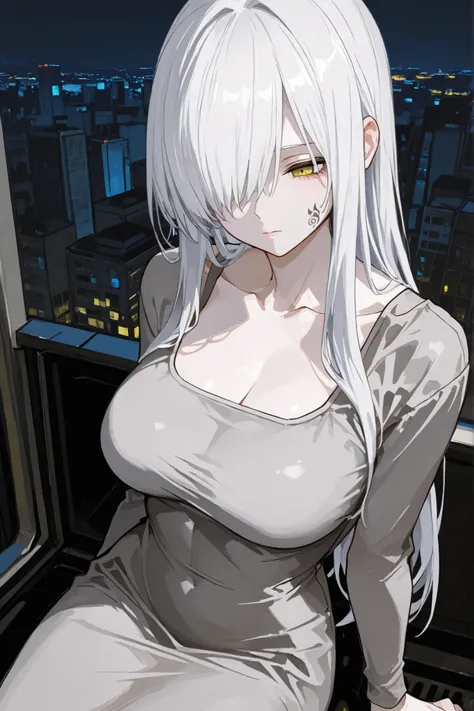 1girl, solo, white hair, long hair, hair over one eye, yellow eyes, ♱ facial tattoo, dongtan dress, grey dress, large breasts, front shots, sitting, city, night
