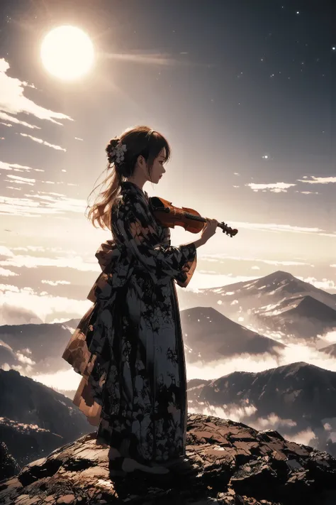 A girl in a floral-patterned kimono stands on a moonlit cliff, playing a violin with serene intensity. Her full figure is captured in a close-up composition that balances her presence with the vast, dreamlike background. Her kimono gently flows in the bree...