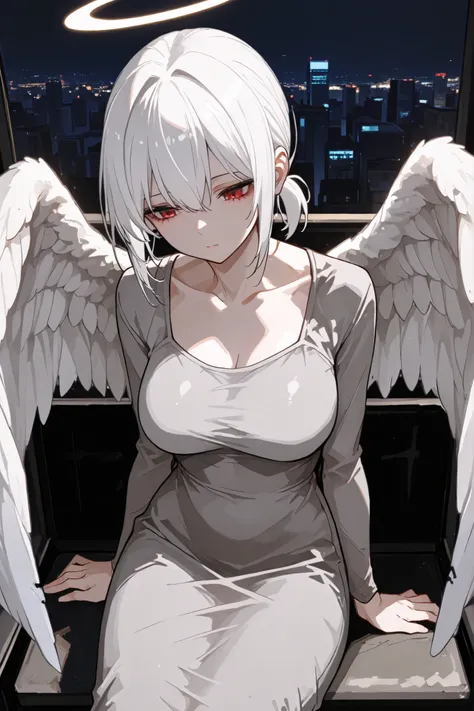 1girl, solo, white hair, short hair, ponytail, red eyes, angel wings, dongtan dress, grey dress, large breasts, front shots, sitting, city, night