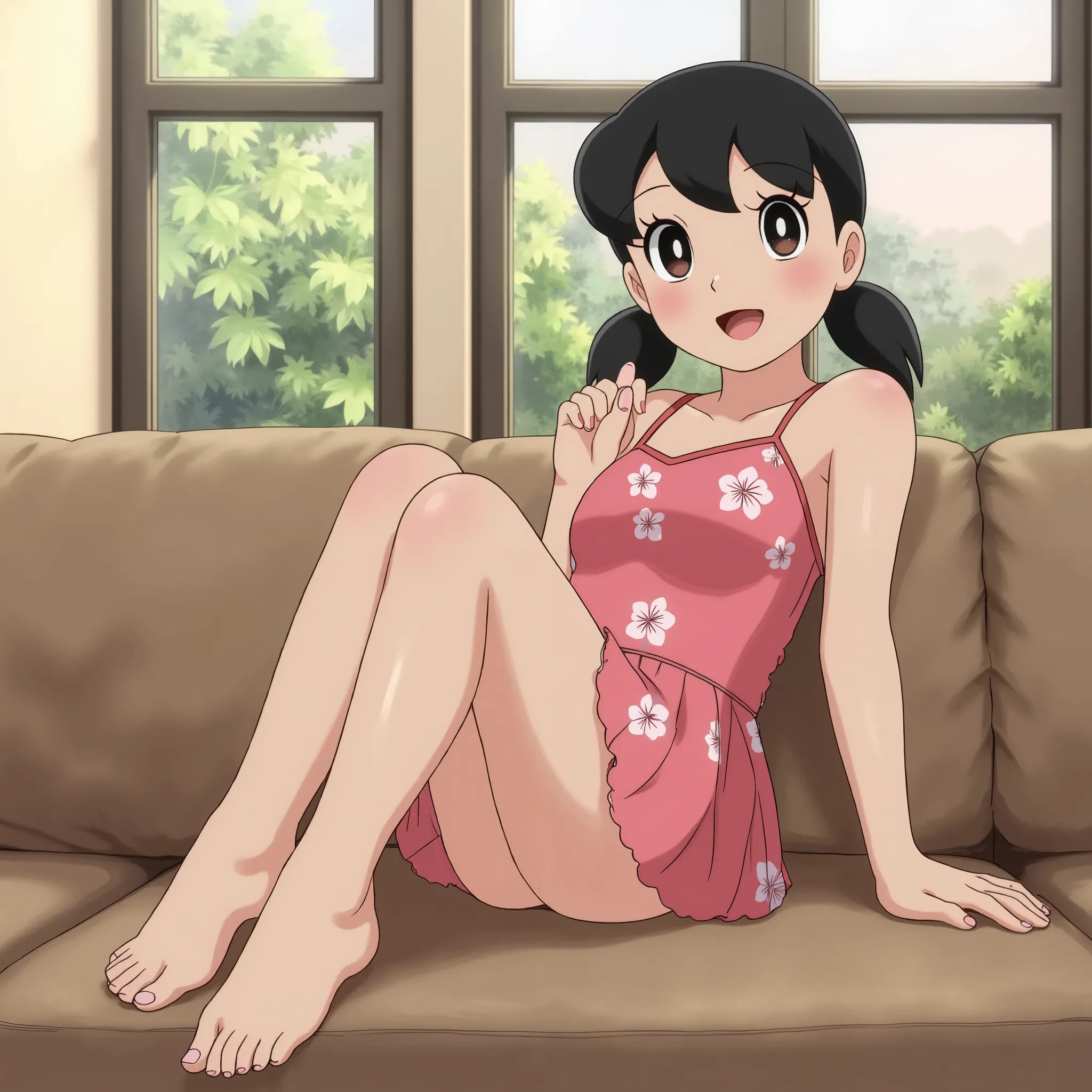 shizuka minamoto in bikini at home, beautiful young woman with long black hair in a pink floral bikini relaxing at home, sitting on couch, natural light from window, ambient indoor scene, elegant, graceful, serene, photorealistic, high resolution, 4k, real...