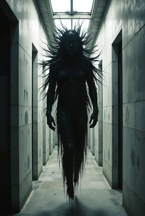 (Masterpiece. Ultra HD. 16K. Realistic. Cosmic Horror. Dark Psychedelic:1.6) — (Extremely long, thin and floating black hair strands:1.8), drifting subtly around the (male humanoid silhouette:1.7), which is (levitating slightly above the ground:1.8), motio...