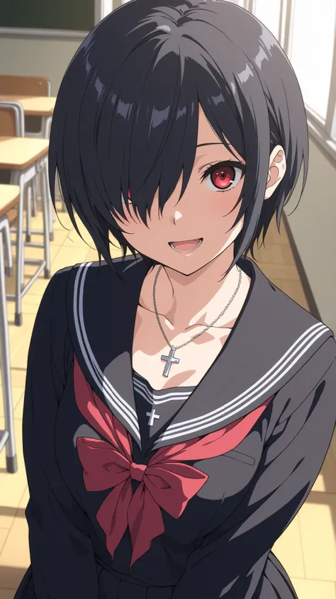 High school girl
High quality ,  best quality , masterpiece,  High Resolution , anatomically correct,anime Coloring, solo,woman,cool woman
black hair,short hair, red eye, hair over one eye,school uniform,collared shirt,black skirt, serafuku , black,serafuk...