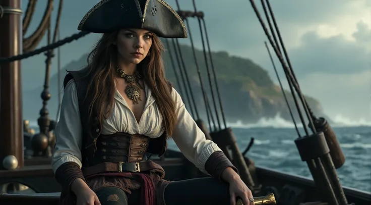 A strikingly beautiful female pirate captain commands her massive ship, her hand firmly gripping the large wooden pirate rudder. Her long, wavy hair flows freely beneath a worn but ornate tricorn hat adorned with silver accents. Her piercing eyes, sharp an...