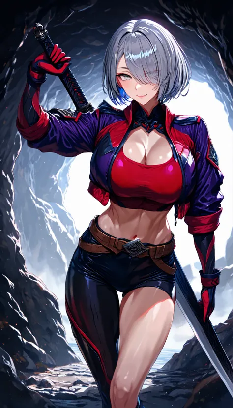 A Female,Perfect body,Oppai, (Grey hair,short hair, hair over left eye),(Grey eyes), (Wearing A Red Tube Top),(Purple Short Interchange Jacket)(Open chest),Black Hot Pants,Black Boots,(Right leg stockings),(Nude left leg),(Right thigh has a brown belt),Exp...