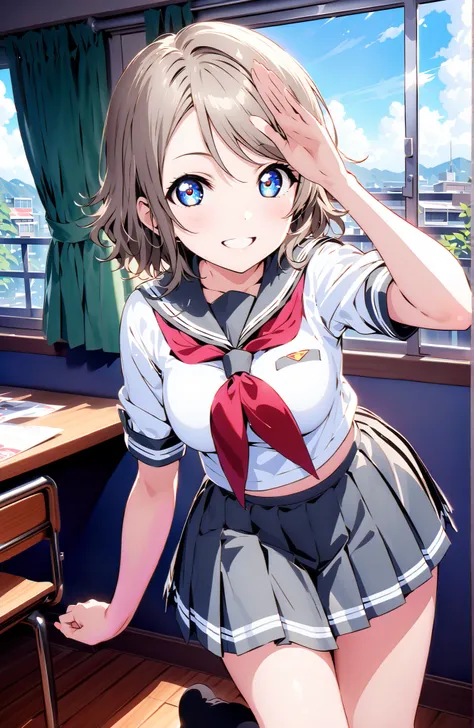 score_9, score_8_up, score_7_up, solo, 1 girl, Watanabe, short hair, medium breasts, Hair,blue eyes,smile,blush,grinning,
break skirt, uniform, short sleeve, pleated skirt, sailor suits, socks, neckerchief, black socks, (red neckerchief:1.2), grey skirt, u...