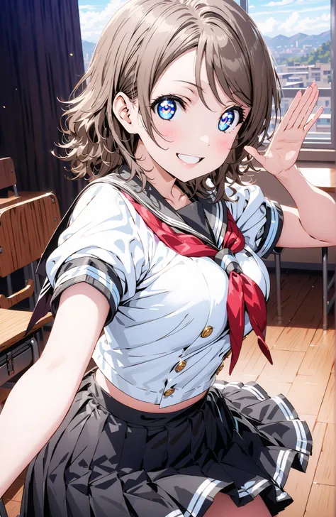 solo, 1 girl, Watanabe, short hair, medium breasts, Hair,blue eyes,smile,blush,grinning,
break skirt, uniform, short sleeve, pleated skirt, sailor suits, socks, neckerchief, black socks, (red neckerchief:1.2), grey skirt, uranohoshi uniform,She is holding ...
