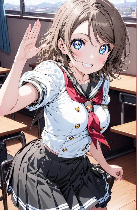 solo, 1 girl, Watanabe, short hair, medium breasts, Hair,blue eyes,smile,blush,grinning,
break skirt, uniform, short sleeve, pleated skirt, sailor suits, socks, neckerchief, black socks, (red neckerchief:1.2), grey skirt, uranohoshi uniform,She is holding ...