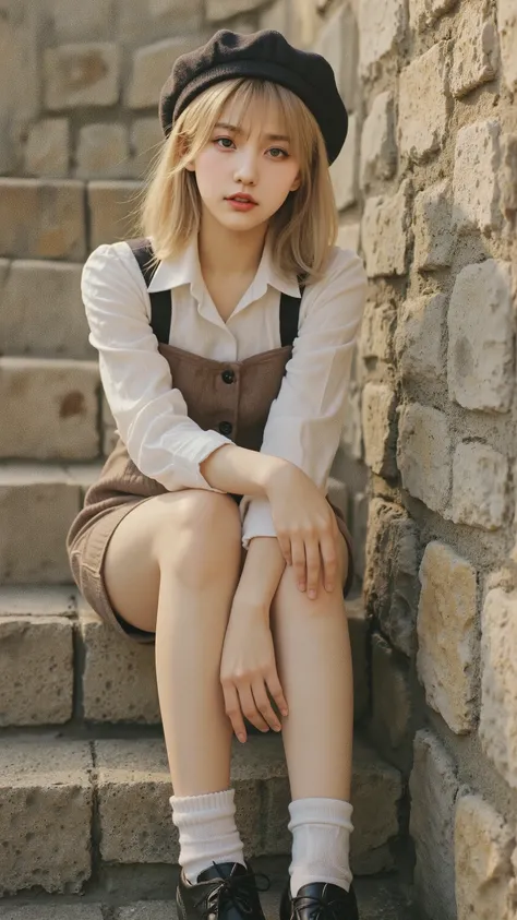 ((Premium、masterpiece、 high sensitivity 、high res、detailed description、Sitting on a、8K)),(( Slender Girl )),brown vest 、Suspender、shorts、 knee socks 、Work shoes 、 beret 、 stone staircase with a delicate face 、