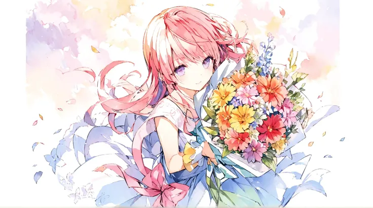 Official illustration using hand drawn watercolor sketch techniques　Midsummer flower　Half-baked　with P,A bouquet of flowers for you