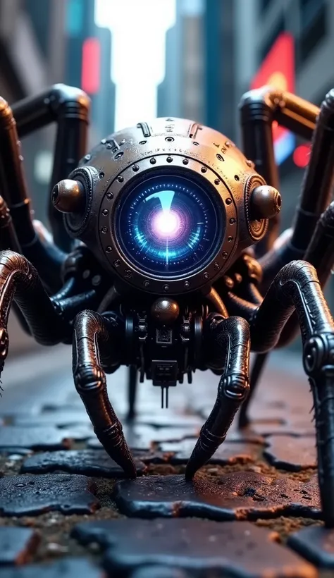 (((pixel perfect, Perfect detail))), Eight-eyed Mechanical Spider, cybernetic eye, of a machine's eye with naked electronic circuits, cyberpunk city of the near future, high definition, realistic, photographic, Physically based visualization, in extreme de...