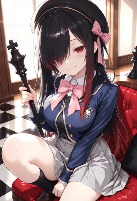 1girl, Kuroki Monika, red eyes, gradient hair, black hair, red hair, long hair, asymmetrical hairline, hair over right eye, large breasts, (petite but curvy), idol, blue jacket, youtou high school uniform, hat ribbon, bowtie, collared shirt, ribbon, pink...