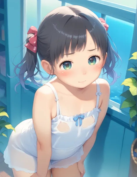 best image quality、 pretty eyes、detailed eyes、cute face、baby face、girl、Black Hair、small、twin tails、lower body naked、Room with a lot of trash、things are scattered all over the place、embarrassed expression、A middle-aged fat woman opens her legs