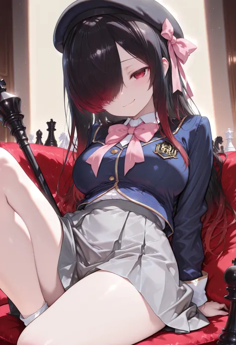 1girl, Kuroki Monika, red eyes, gradient hair, black hair, red hair, long hair, asymmetrical hairline, hair over right eye, large breasts, (petite but curvy), idol, blue jacket, youtou high school uniform, hat ribbon, bowtie, collared shirt, ribbon, pink...