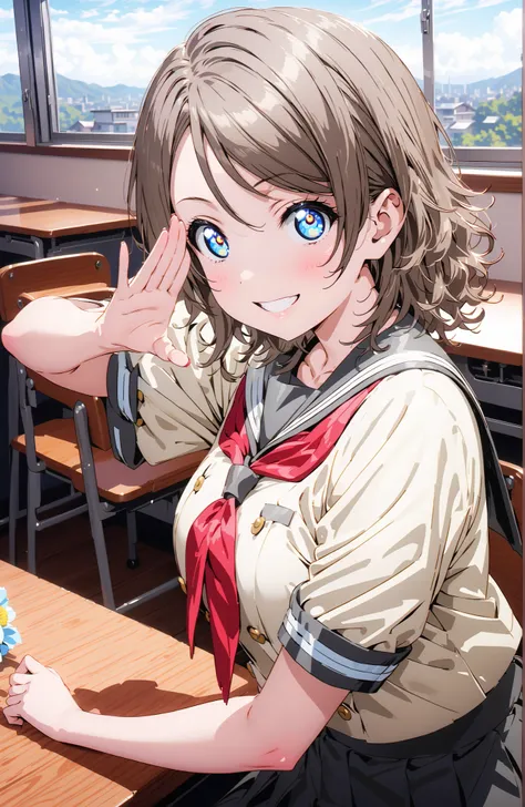 solo, 1 girl, Watanabe, short hair, medium breasts, Hair,blue eyes,smile,blush,grinning,
break skirt, uniform, short sleeve, pleated skirt, sailor suits, socks, neckerchief, black socks, (red neckerchief:1.2), grey skirt, uranohoshi uniform,She is holding ...