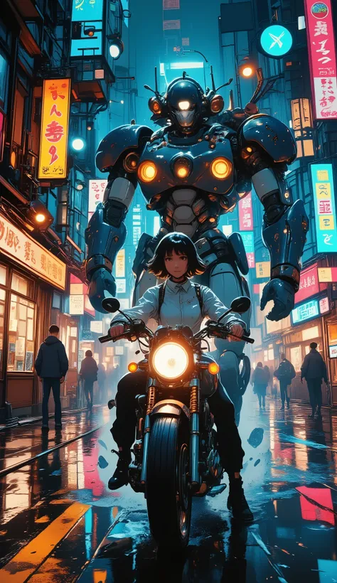 (better quality,ultra detailed) anime scene, long exposure, woman on a futuristic motorcycle speeding through neon-lit Tokyo at night, chased by a massive cyberpunk mecha robot, city lights streaking in motion blur, rain-soaked streets reflecting vibrant n...