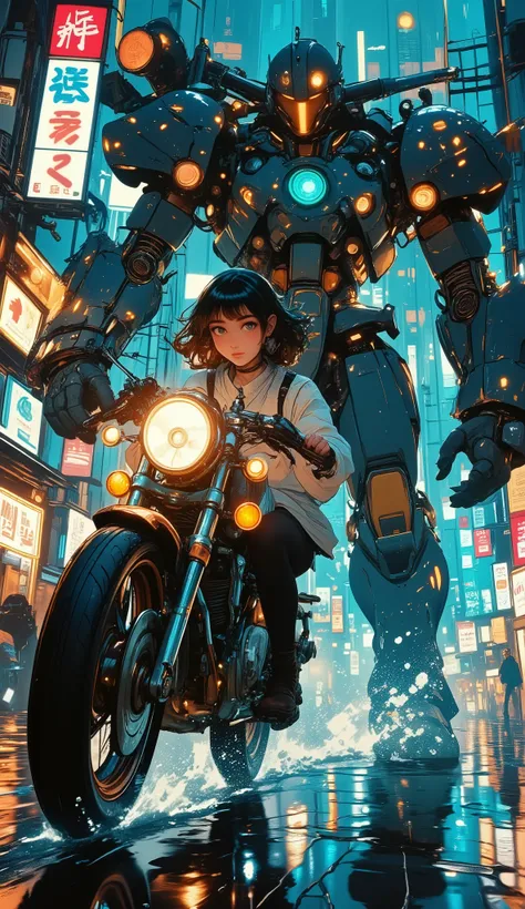 anime scene, low angle side profile view, woman leaning forward at full speed on a futuristic motorcycle, long exposure, speed and motion light trails, chased by a massive cyberpunk mecha robot, neon-lit Tokyo night, rain-soaked streets, vibrant reflection...