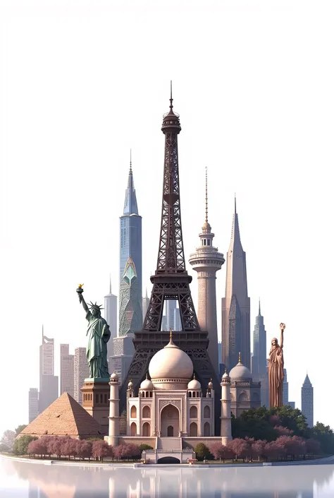 Ten of the most famous landmarks in the world are stacked into one place. isolated on a white background.