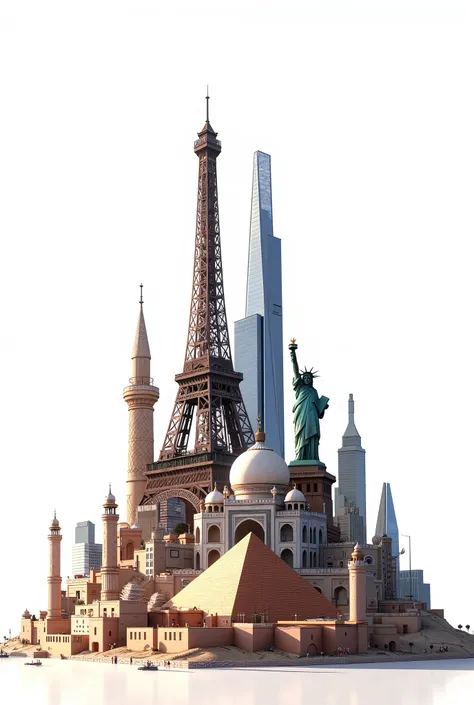 Ten of the most famous landmarks in the world are stacked into one place. isolated on a white background.