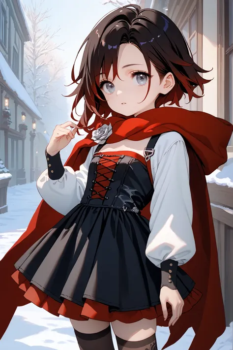 1 girl, solo, high resolution, mistralrose, red cape, black dress, corset, white shirt, long sleeves, black skirt, black thighhighs, bandolier, winter, 