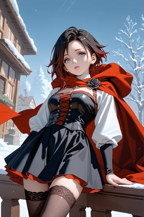 1 girl, solo, high resolution, mistralrose, red cape, black dress, corset, white shirt, long sleeves, black skirt, black thighhighs, bandolier, winter, milf
