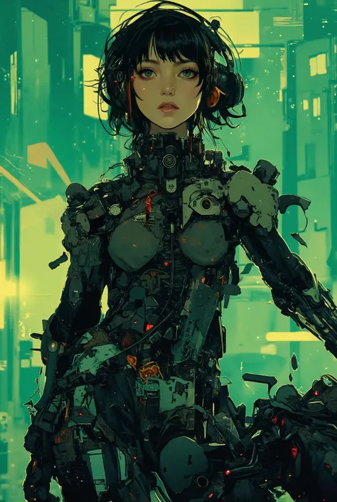Long Shots、 full body esbian 、 a gamer wearing the most funky and punk headphones、Crazy Beautiful Woman 、She's on the phone in Virtual World、 emerald、white、 surreal collage、a contemporary artistic collage、 collage artwork、 New Album Jacket 、 gr...