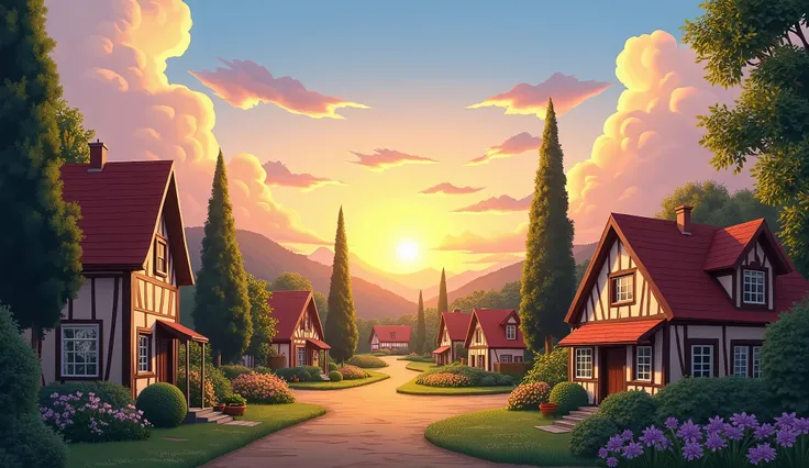 A digital painting depicting a peaceful village scene at sunset. The artwork features red-roofed houses, lush gardens, tall trees, all under a clear sky filled with fluffy clouds and warm colors. This AI-generated image captures the serenity and beauty of ...