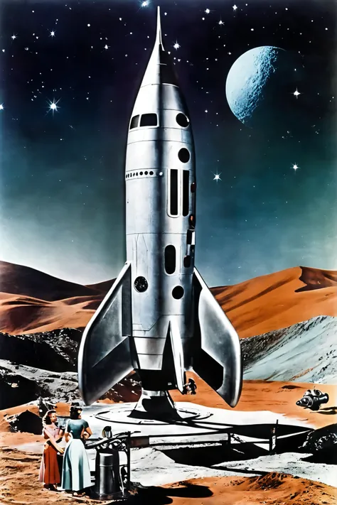 ((( classic sci-fi television series ))), pictures, very realistic, scenes from old 1950s sci-fi movie series、rocket発射基地の広大な背景に平らなグランデが見えます, ((( 1950s ))), ancient aesthetics , scenes from 1950s sci-fi movie , Retro_rocket, nave espacial estilo Retro, wit...