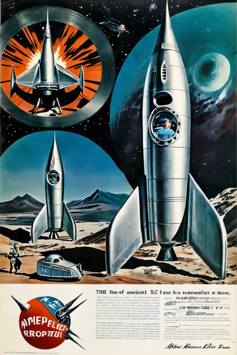 ((( classic sci-fi television series ))), pictures, very realistic, scenes from old 1950s sci-fi movie series、rocket発射基地の広大な背景に平らなグランデが見えます, ((( 1950s ))), ancient aesthetics , scenes from 1950s sci-fi movie , Retro_rocket, nave espacial estilo Retro, wit...