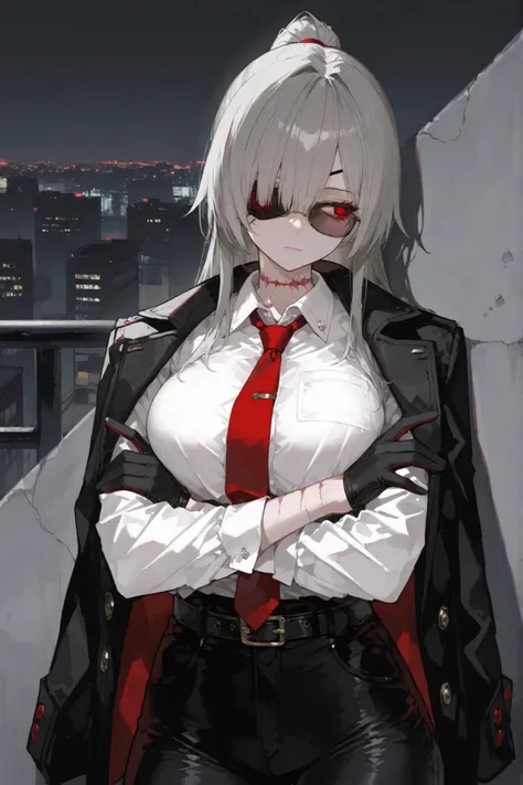 1girl, breasts, four finger, solo, necktie, gloves, large_breasts, red_eyes, black_pants, black_gloves, holding_jacket, pants, shirt, dictator, city_background, jacket_removed, long_hair, black_npecktie, ponytail, holding_clothes, jacket, white_shirt, grey...