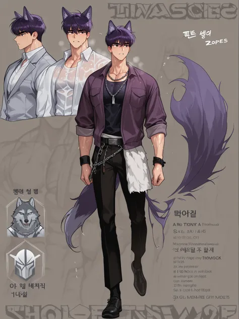 Full hd , purple hair , a sweaty guy , with ears and wolf tail , manhwa , cool , thorny , handsome , muscle , six-pack , wild , chain necklace , 8k , eyes are not blurred , clear face , eyes are not distorted