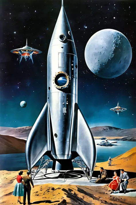 ((( classic sci-fi television series ))), pictures, very realistic, scenes from old 1950s sci-fi movie series、rocket発射基地の広大な背景に平らなグランデが見えます, ((( 1950s ))), ancient aesthetics , scenes from 1950s sci-fi movie , Retro_rocket, nave espacial estilo Retro, wit...