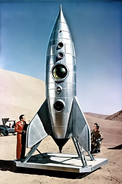 ((( classic sci-fi television series ))), pictures, very realistic, scenes from old 1950s sci-fi movie series、rocket発射基地の広大な背景に平らなグランデが見えます, ((( 1950s ))), ancient aesthetics , scenes from 1950s sci-fi movie , Retro_rocket, nave espacial estilo Retro, wit...
