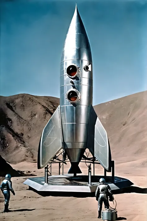 ((( classic sci-fi television series ))), pictures, very realistic, In scenes from old 1950s sci-fi movie series、rocket発射基地の広大な背景に平らなグランデが見えます, ((( 1950s ))), ancient aesthetics , scenes from 1950s sci-fi movie , Retro_rocket, nave espacial estilo Retro, ...