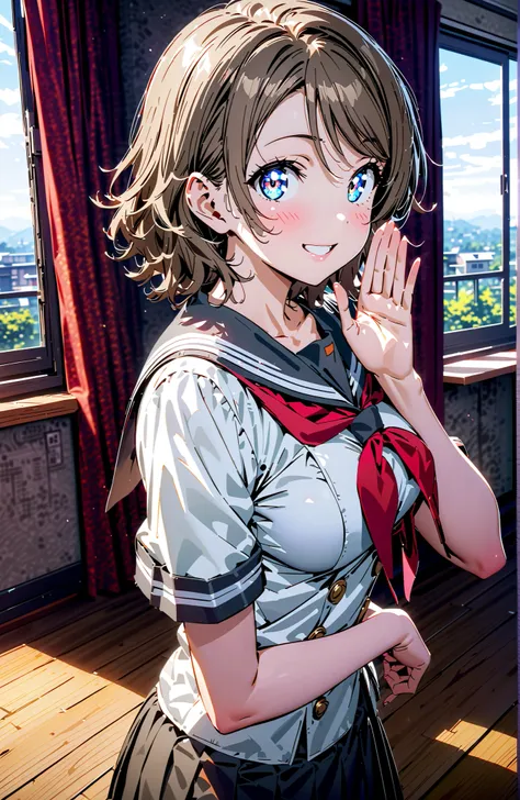 solo, 1 girl, Watanabe, short hair, medium breasts, Hair,blue eyes,smile,blush,grinning,
break skirt, uniform, short sleeve, pleated skirt, sailor suits, socks, neckerchief, black socks, (red neckerchief:1.2), grey skirt, uranohoshi uniform,She is holding ...